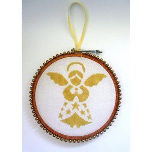 Vintage Needlepoint - Embroidery of Gold Angel - Round Hoop Frame - Nursery Wall